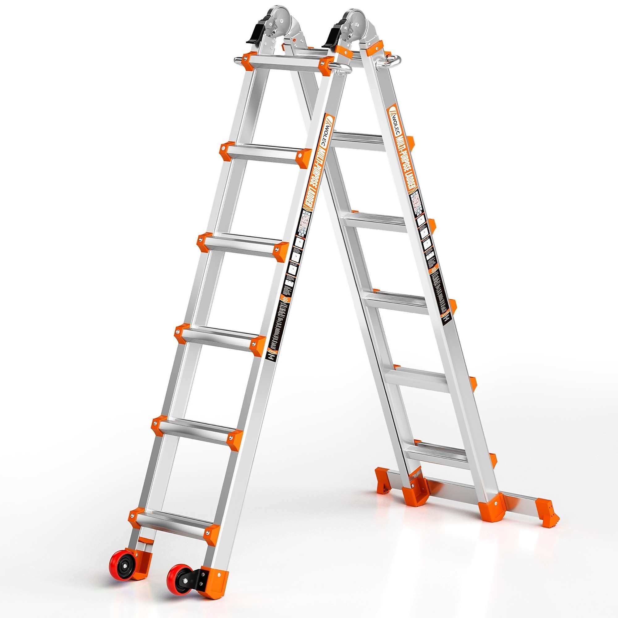 20 ft Reach Aluminum Multi-Position Ladder with Wheels & Stabilizer Bar, 330 lbs. Load Capacity, Orange
